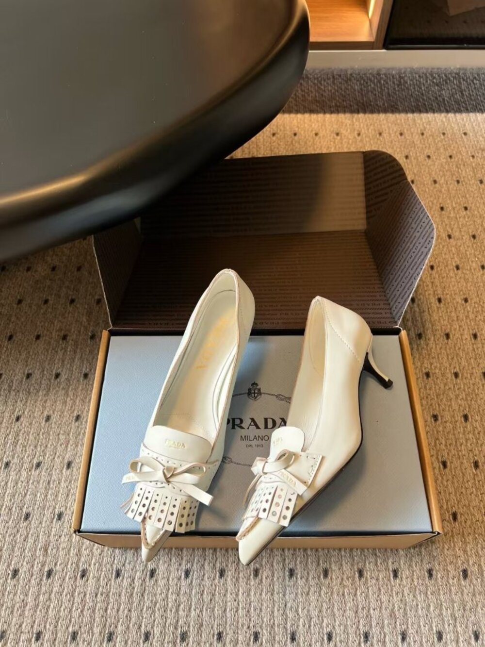 Prada White Fringe Bow Pointed Toe Kitten Heel Pumps
